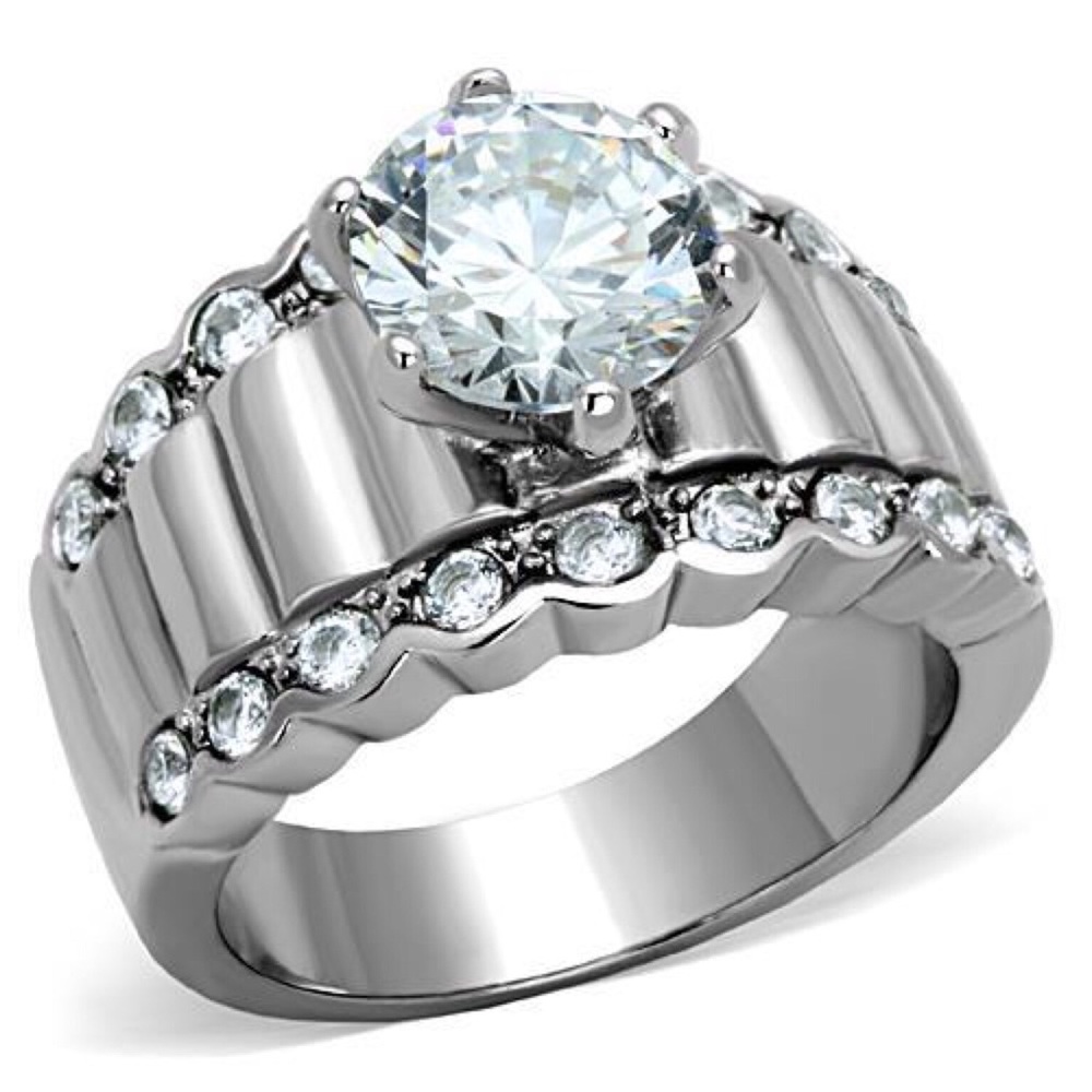 STAINLESS STEEL Round Cut Cubic Zirconia Wide Band Ring - Picture 14 of 16